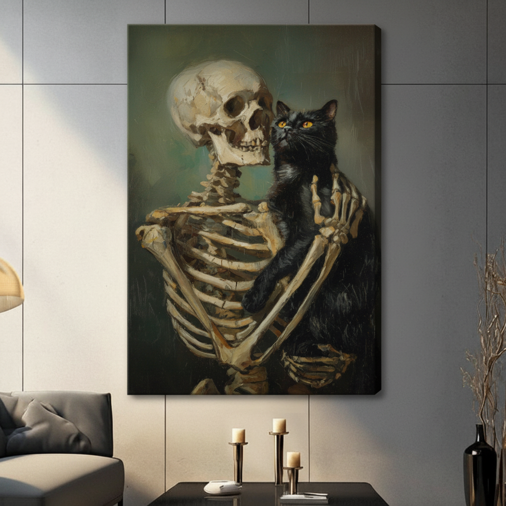 Gothic Skeleton Holding Black Cat Canvas Art w6614