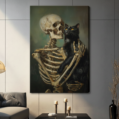 Gothic Skeleton Holding Black Cat Canvas Art w6614