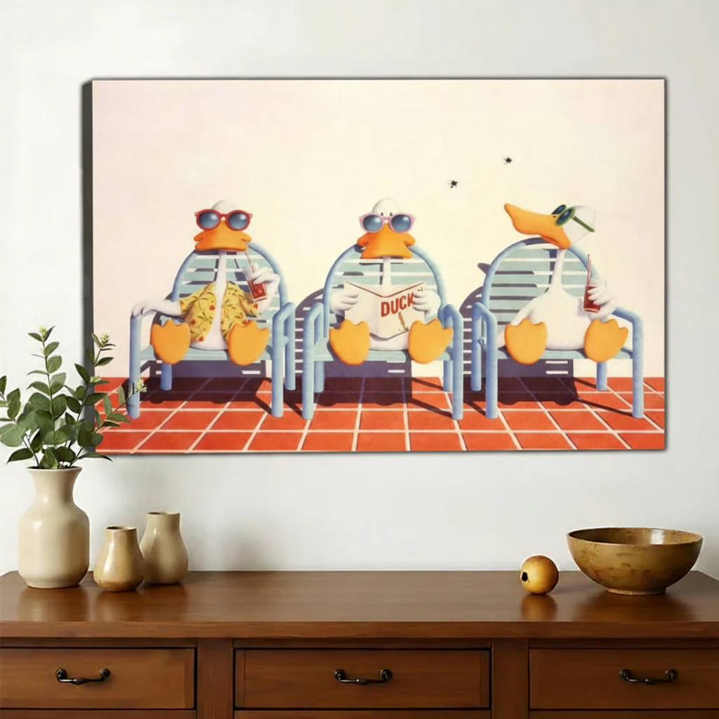 Chillin' Summer Penguins Wall Art – Retro Poolside Penguin Canvas Print on Natural Wood Frame | W2232