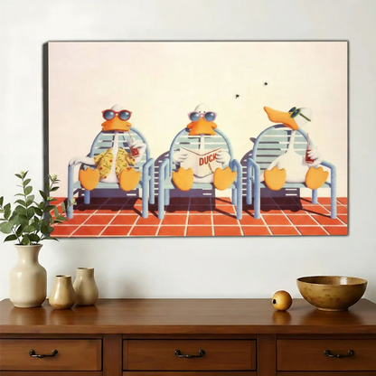 Chillin' Summer Penguins Wall Art – Retro Poolside Penguin Canvas Print on Natural Wood Frame | W2232
