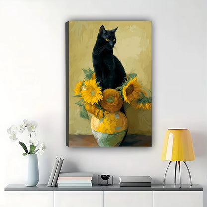 Black Cat with Sunflowers – Van Gogh Inspired Cat Still Life Wall Art on Natural Wood Canvas | W2047