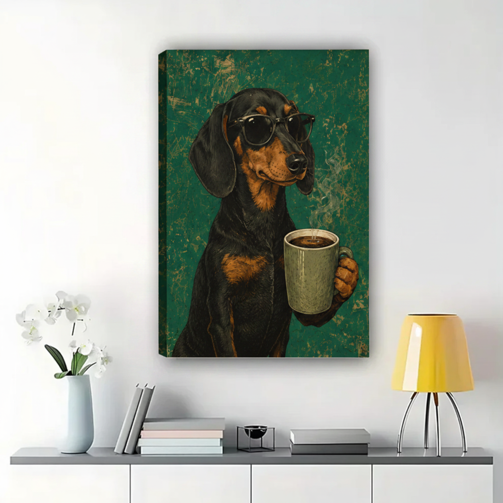 Dachshund with Coffee Mug Wall Art – Cool Vintage Dog Canvas Print on Natural Wood Frame | W2265