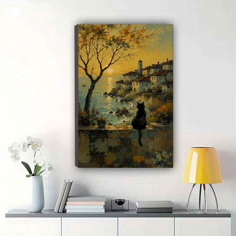 Village Sunset Black Cat Wall Art – Nostalgic Coastal Cat Canvas Print on Natural Wood Frame | W2407