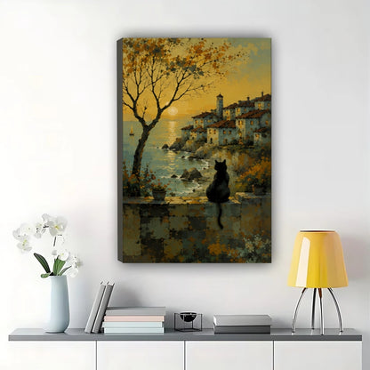 Village Sunset Black Cat Wall Art – Nostalgic Coastal Cat Canvas Print on Natural Wood Frame | W2407