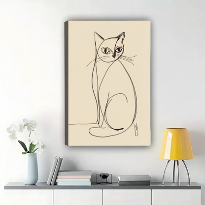 Elegant Cat Line Art Wall Art – Minimalist One-Line Cat Canvas Print on Natural Wood Frame | W2110