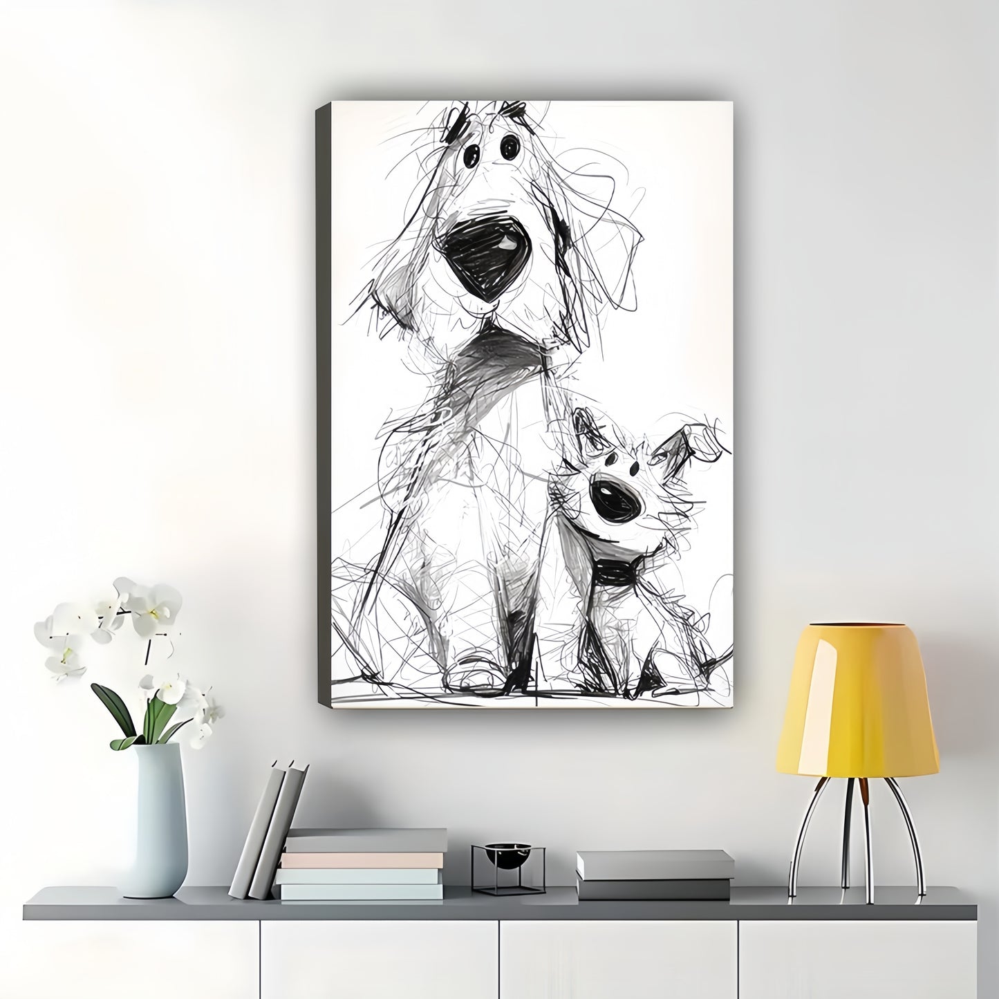 Sketch-Style Dog Parent  Pup – Whimsical Pet Wall Art on Natural Wood Canvas | W690