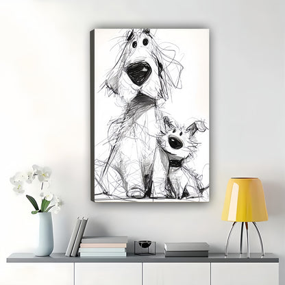 Sketch-Style Dog Parent  Pup – Whimsical Pet Wall Art on Natural Wood Canvas | W690