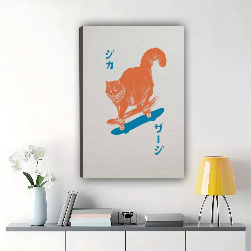 Japanese Skateboarding Cat – Retro Minimalist Cat Wall Art on Natural Wood Canvas | W2065