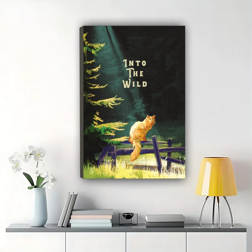 Into The Wild Orange Cat in Forest – Rustic Adventure Wall Art on Natural Wood Canvas | W746