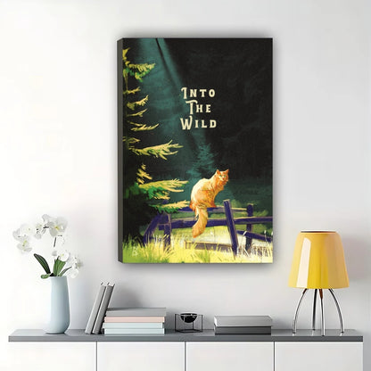 Into The Wild Orange Cat in Forest – Rustic Adventure Wall Art on Natural Wood Canvas | W746
