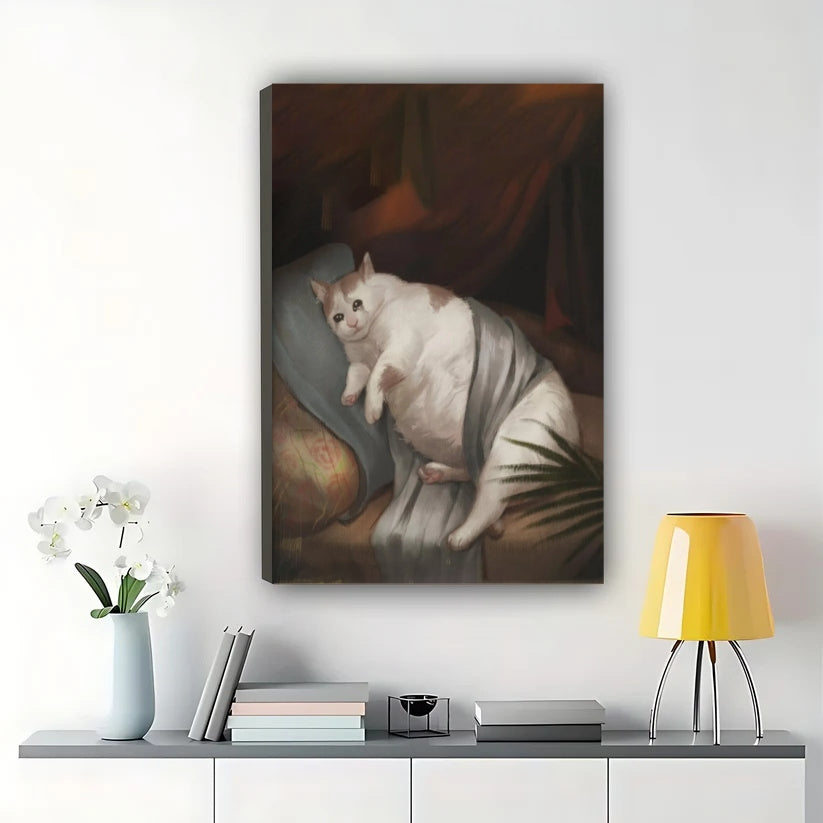 Chonky Cat Reclining – Classic Art Parody Wall Art on Natural Wood Canvas | W837