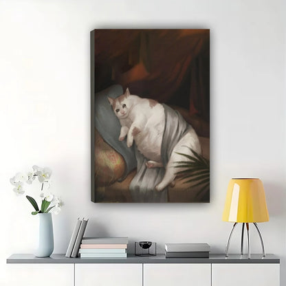 Chonky Cat Reclining – Classic Art Parody Wall Art on Natural Wood Canvas | W837