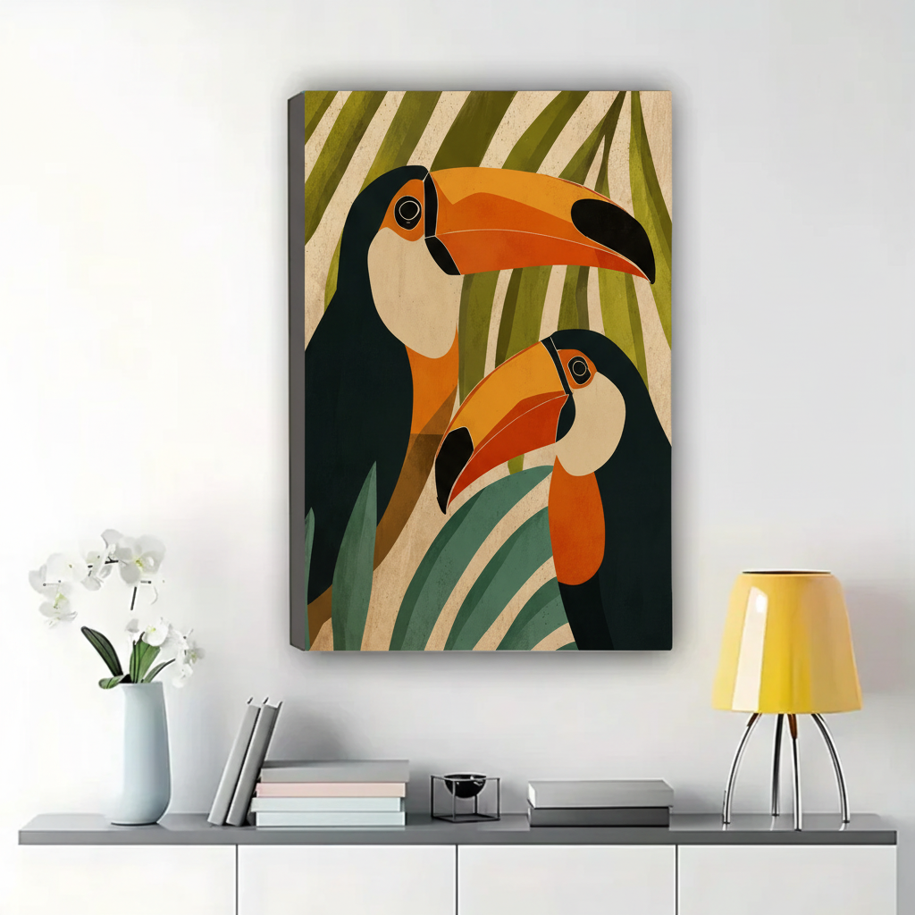 Tropical Toucans Wall Art – Bold Botanical Canvas Print on Natural Wood Frame | W2249