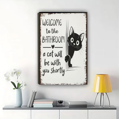 Welcome to the Bathroom Vintage Black Cat – Rustic Bathroom Wall Art on Natural Wood Canvas | W947