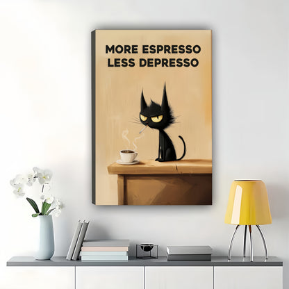 More Espresso Less Depresso Sassy Black Cat – Humorous Coffee Wall Art on Natural Wood Canvas | W954