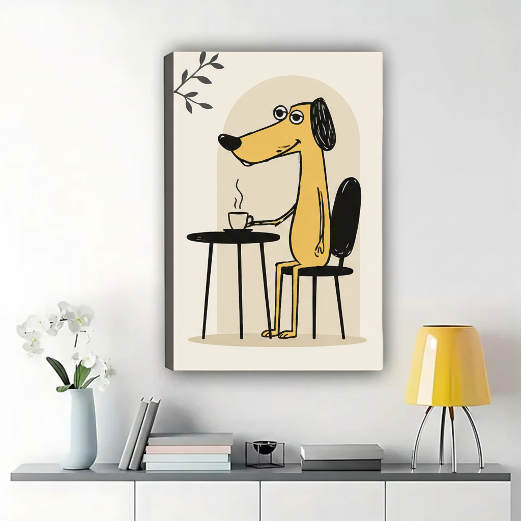 Coffee Break Dog Wall Art – Modern Minimalist Line Art Canvas Print on Natural Wood Frame | W2182