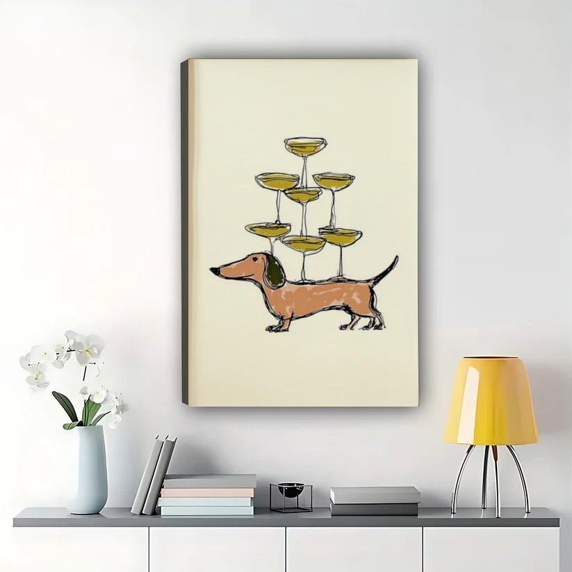Dachshund with Champagne Tower Wall Art – Playful Wiener Dog Canvas Print on Natural Wood Frame | W2086
