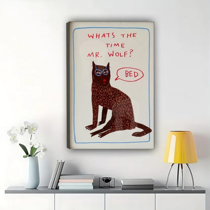 What’s the Time Mr. Wolf? Bed Funny Red Cat – Humorous Kids’ Room Wall Art on Natural Wood Canvas | W821