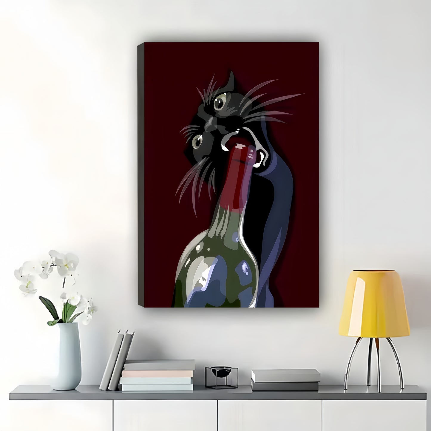 The Wine-Bottle-Opening Black Cat – Retro Luxe Wall Art on Natural Wood Canvas | W609