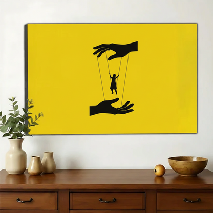 Puppet on Strings – Bold Yellow Abstract Wall Art on Natural Wood Canvas | W960