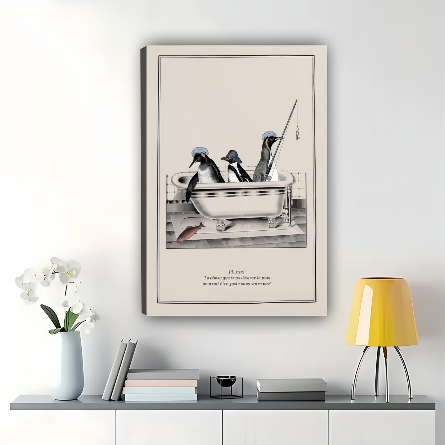 Penguins in Bathtub Retro Line Art – Whimsical Bathroom Wall Art on Natural Wood Canvas | W831