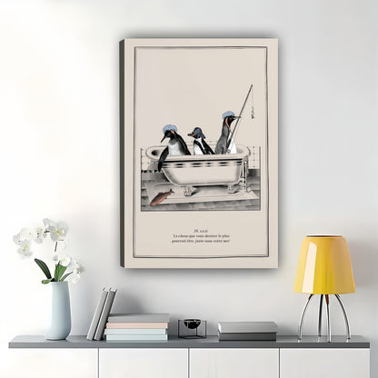 Penguins in Bathtub Retro Line Art – Whimsical Bathroom Wall Art on Natural Wood Canvas | W831
