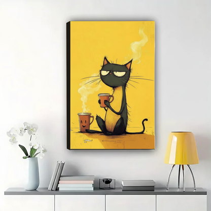 Grumpy Black Cat with Coffee Wall Art – Funny Morning Cat Canvas Print on Natural Wood Frame | W2153