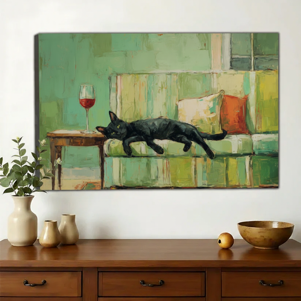 Lazy Black Cat on Green Couch – Retro Oil Painting Style Wall Art on Natural Wood Canvas | W913