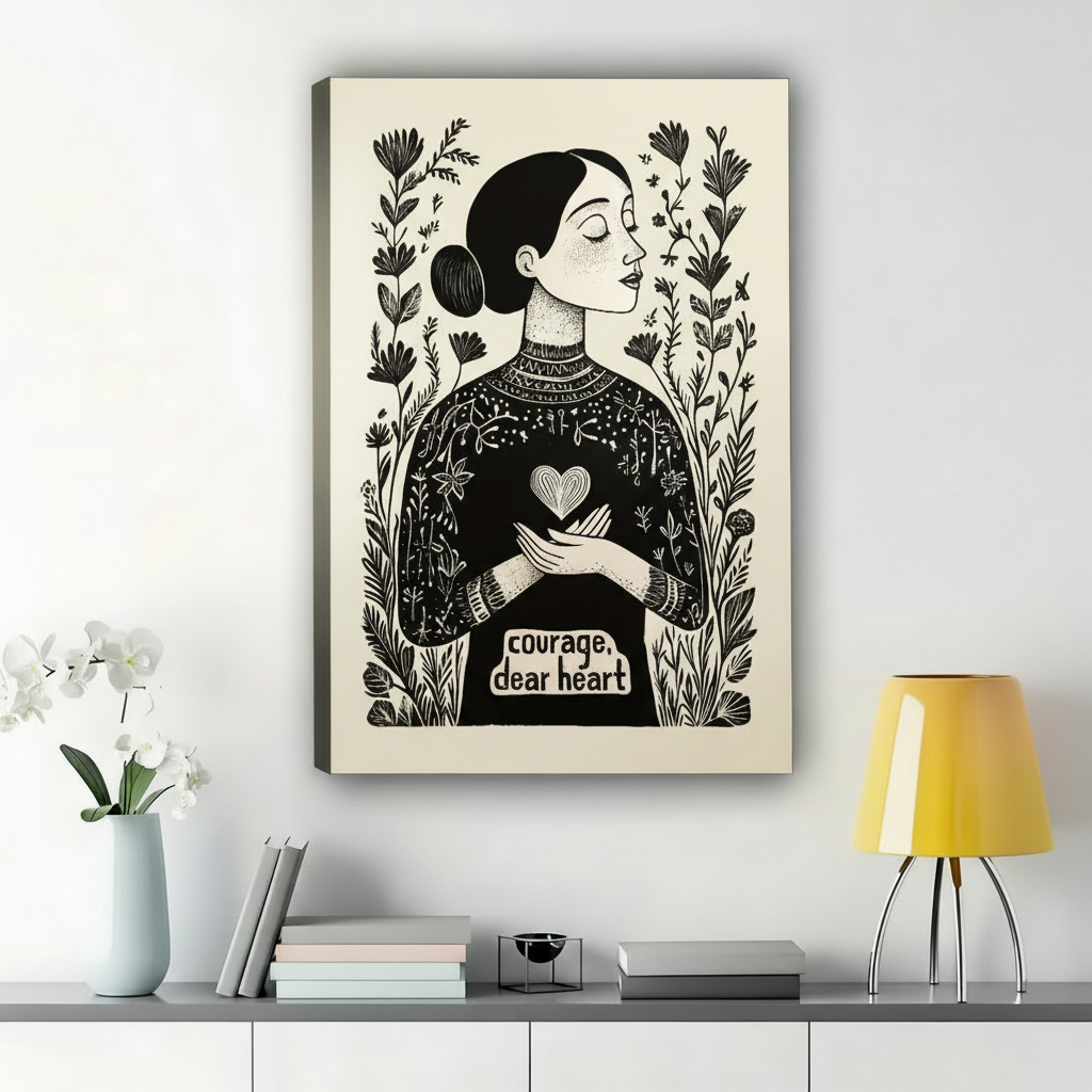 Courage, Dear Heart Woman with Floral Folk Art – Vintage Boho Wall Art on Natural Wood Canvas | W976