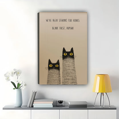 WE’VE BEEN STANDING FOR HOURS. SEND TUNA, PLEASE Striped Cats – Humorous Wall Art on Natural Wood Canvas | W915