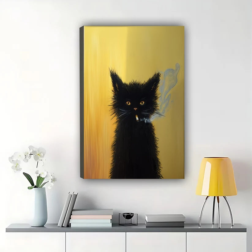 Smoking Black Cat – Retro Edgy Cat Wall Art on Natural Wood Canvas | W2054