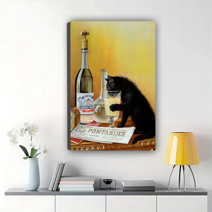Vintage Black Cat at Bar Counter – Retro Poster Wall Art on Natural Wood Canvas | W817