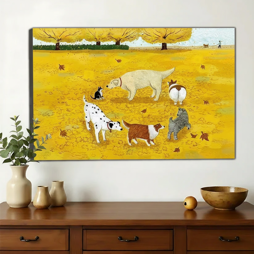 Six Dogs Playing in Autumn Park Wall Art – Joyful Folk Art Canvas Print on Natural Wood Frame | W2201