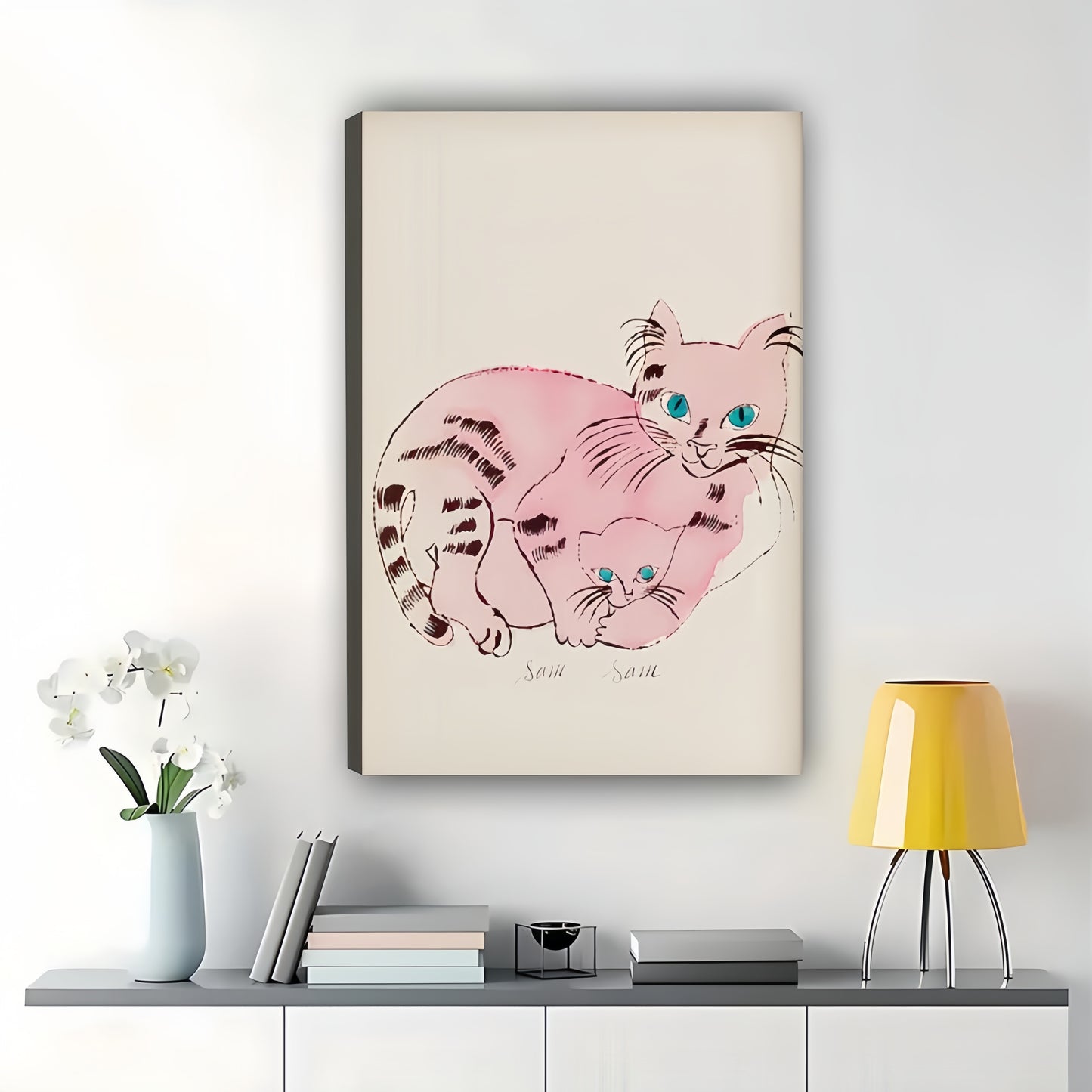 Pink Cat Parent Kitten – Sweet Pet Family Wall Art on Natural Wood Canvas | W697