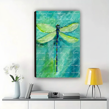 Dragonfly Poetry Wall Art – Teal Watercolor Canvas Print on Natural Wood Frame | W2247