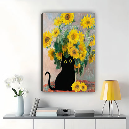 Black Cat with Sunflowers – Van Gogh Inspired Cat Wall Art on Natural Wood Canvas | W2031