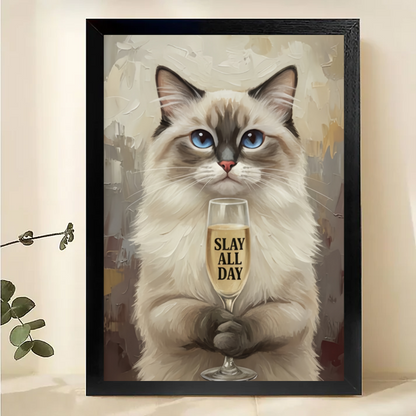 Ragdoll Cat Champagne Art Print - Slay All Day Funny Cat Wall Decor| W1020