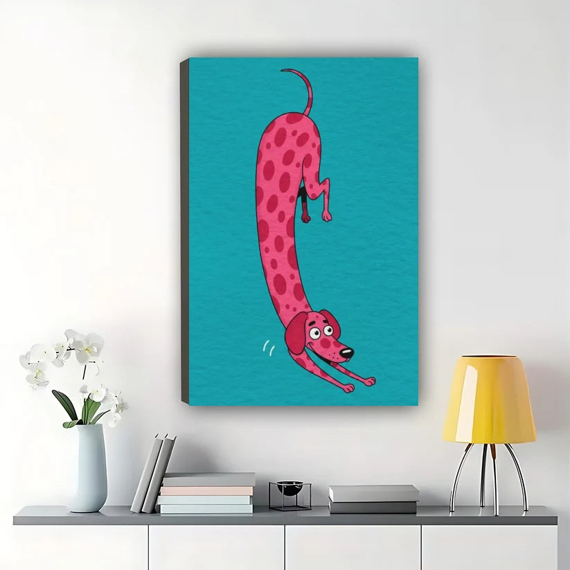 Pink Polka Dot Dachshund Wall Art – Whimsical Teal Background Sausage Dog Canvas Print on Natural Wood Frame | W2251