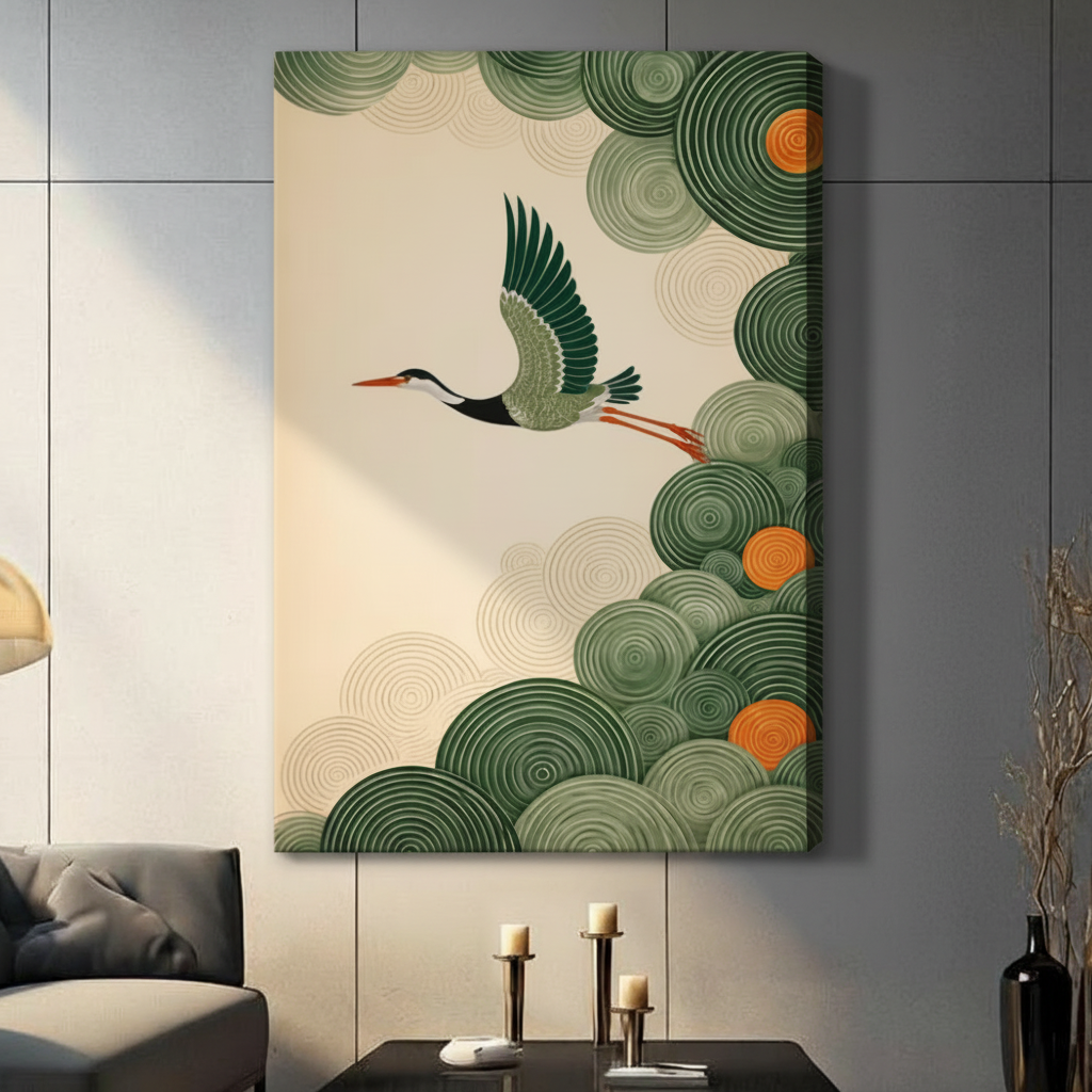 Japanese Crane Flying Green Cloud Decorative Canvas Print w6047