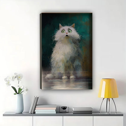 Vintage Fluffy White Cat Wall Art – Moody Realistic Cat Canvas Print with Natural Wood Frame | W2076