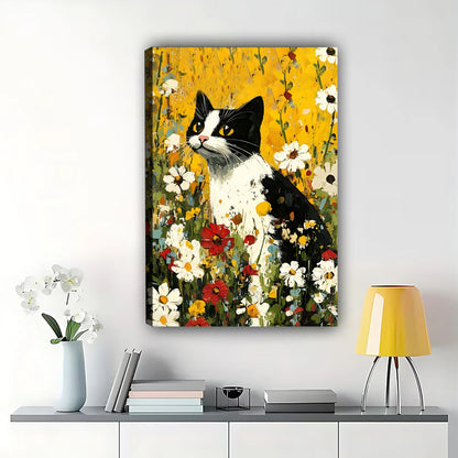 Black & White Cat in Wildflower Meadow – Vibrant Countryside Wall Art on Natural Wood Canvas | W804