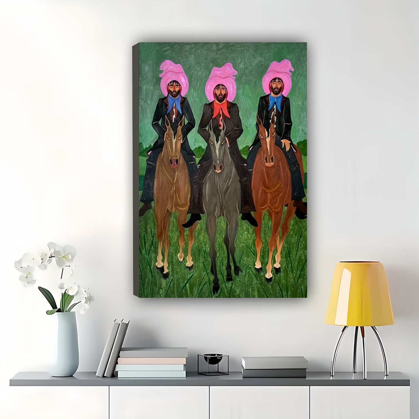 The Pink-Haired Riders – Retro Artistic Wall Art on Natural Wood Canvas | W669