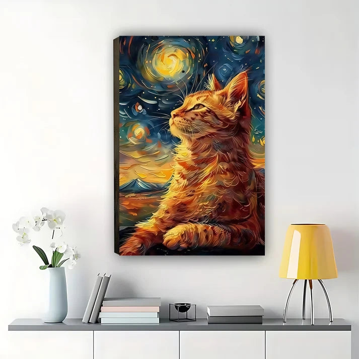 Starry Night Cat Wall Art - Van Gogh Style Orange Tabby Print| W1039