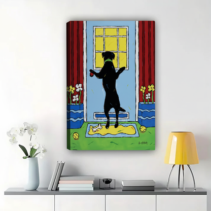 Dog Waiting at Door Wall Art - Colorful Pet Canvas Print|W1339