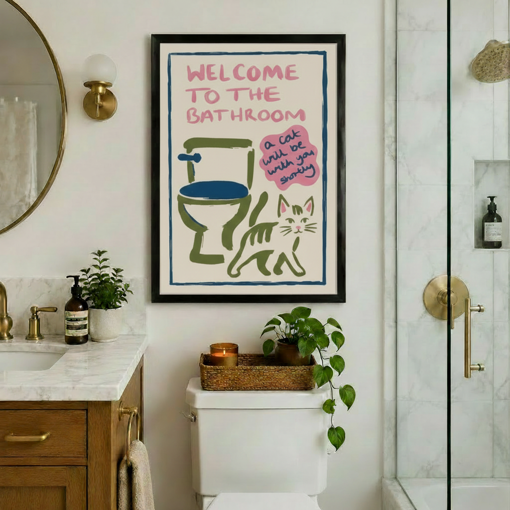 Welcome to the Bathroom Funny Cat Canvas Art w6091