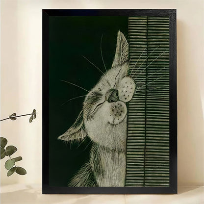 Cat by Window Wall Art - Vintage Green Style|W1268