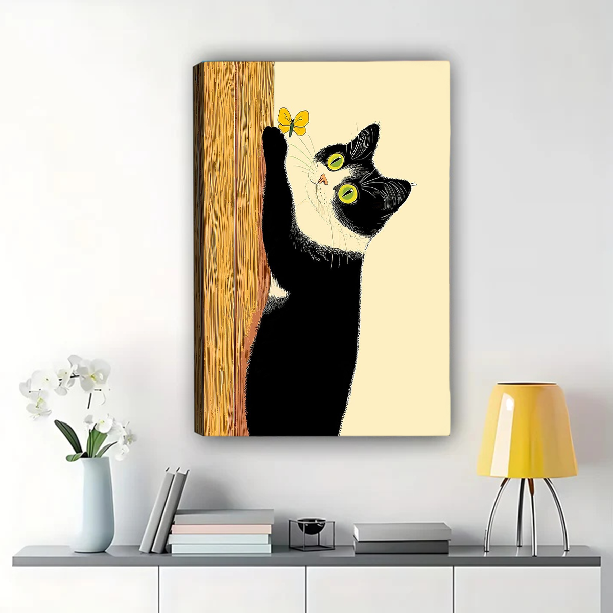 Black Cat with Butterfly Art Print - Framed Wall Decor|W1261