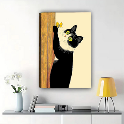 Black Cat with Butterfly Art Print - Framed Wall Decor|W1261