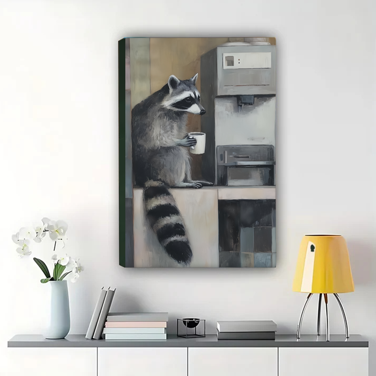 Raccoon at Water Cooler Wall Art - Funny Office Animal Print|W1241