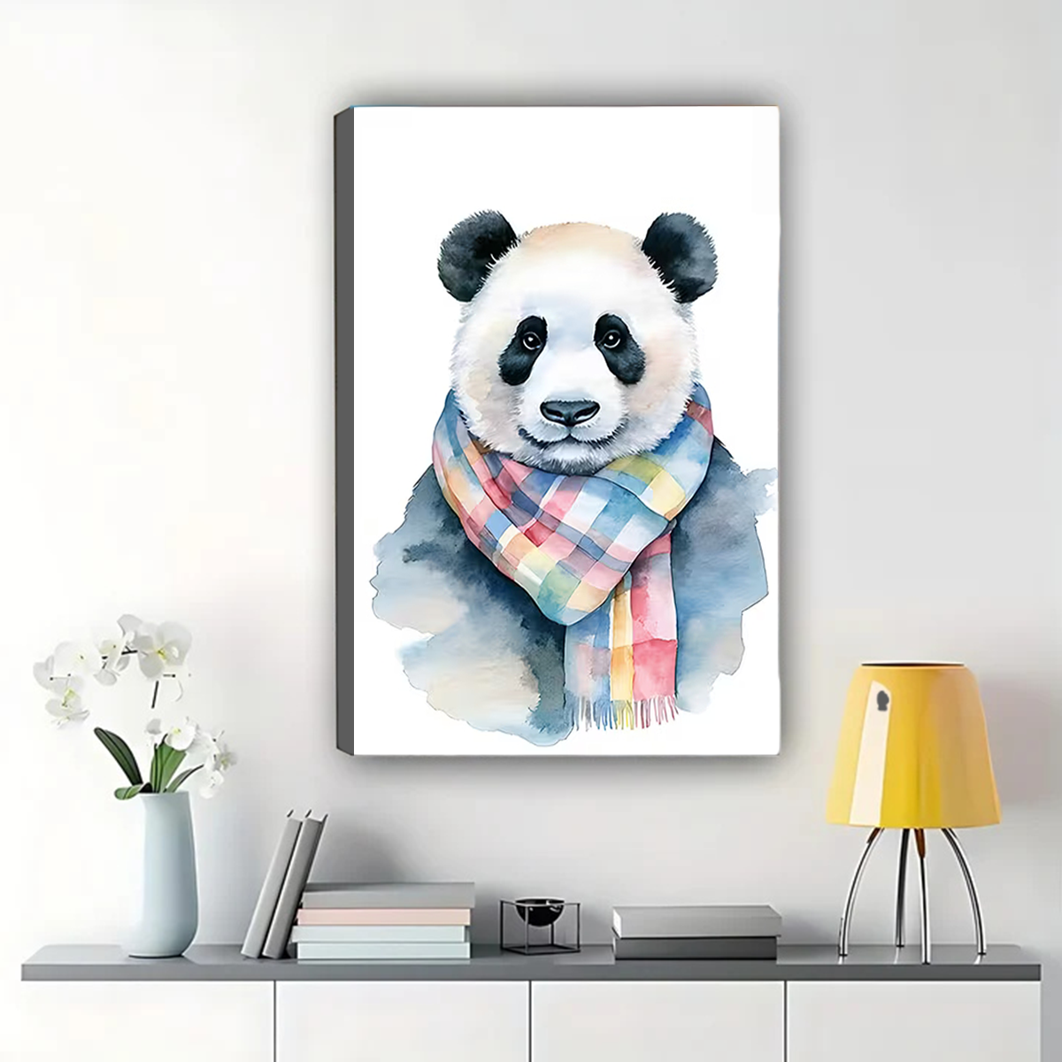 Watercolor Panda with Scarf Canvas Print - Cute Animal Nursery Art|W1124